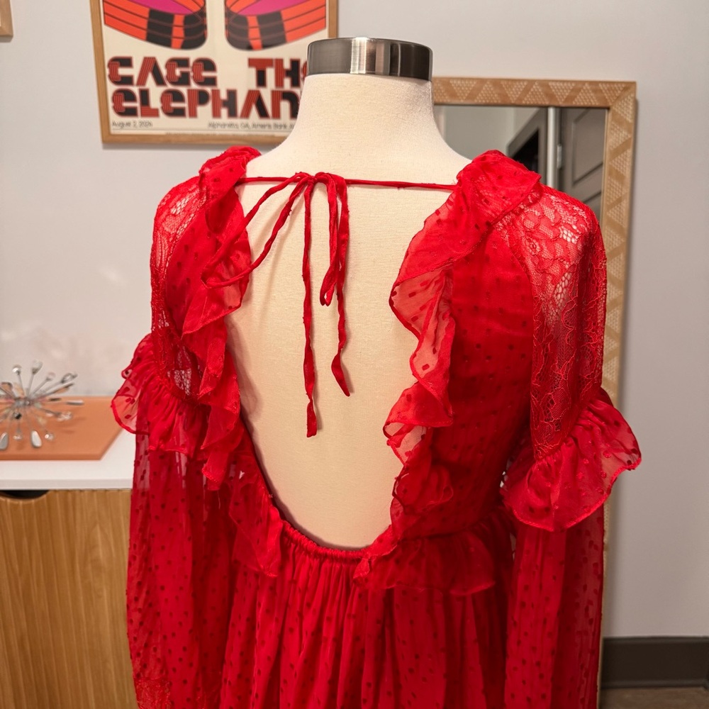Free People Red Ruffle Swiss Dot Long-Sleeve Mini Dress XS - Picture 7 of 9